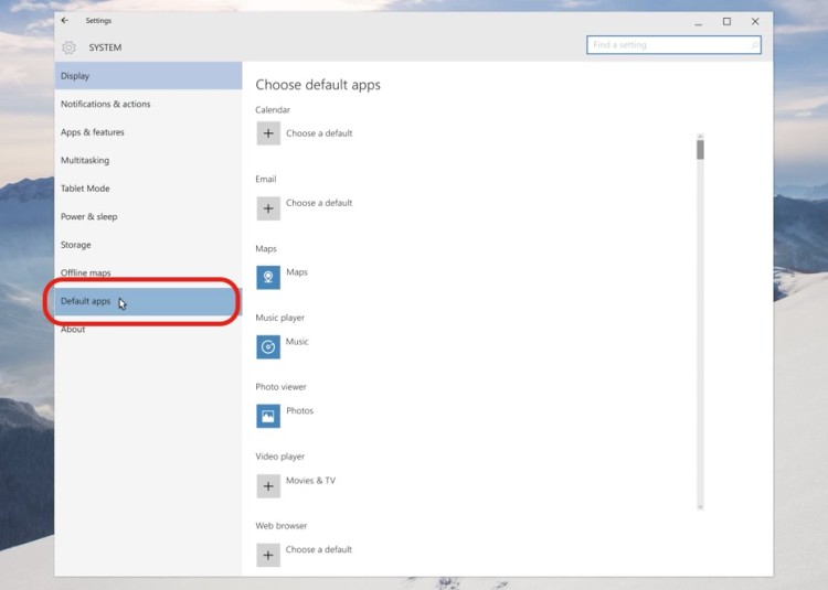 select default apps in windows 10 settings