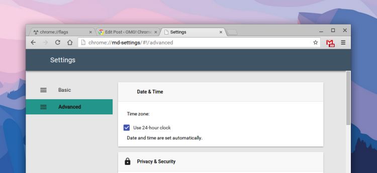Chrome material design settings page