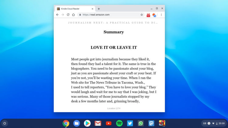 The Kindle Cloud Reader app running on the Chrome OS desktop